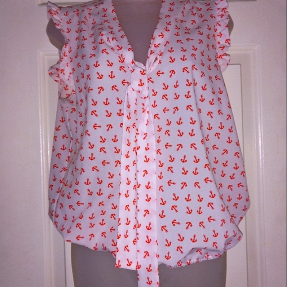 Eyeshadow Women's Sz Small Anchors White Red Ruffles Sleeveless Nautical Boating - Picture 2 of 16